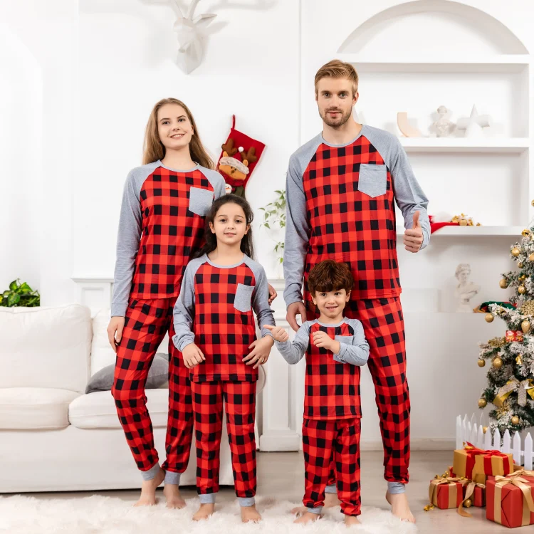 Christmas Family Matching Red Black Plaid Pajamas Sets