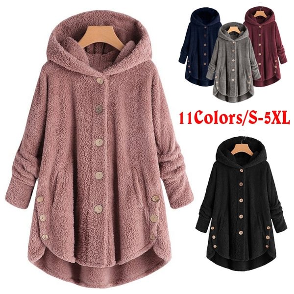 Autumn Winter Women Fashion Outwear Soft Furry Fleece Long Coat Solid Color Fluffy Jacket Plush Hoodies Ladies Casual Loose Warm Jacket Plus Size 5XL
