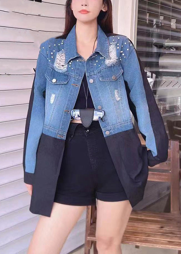 French Grey Fox Collar Leather Patchwork Button Down Coat Winter