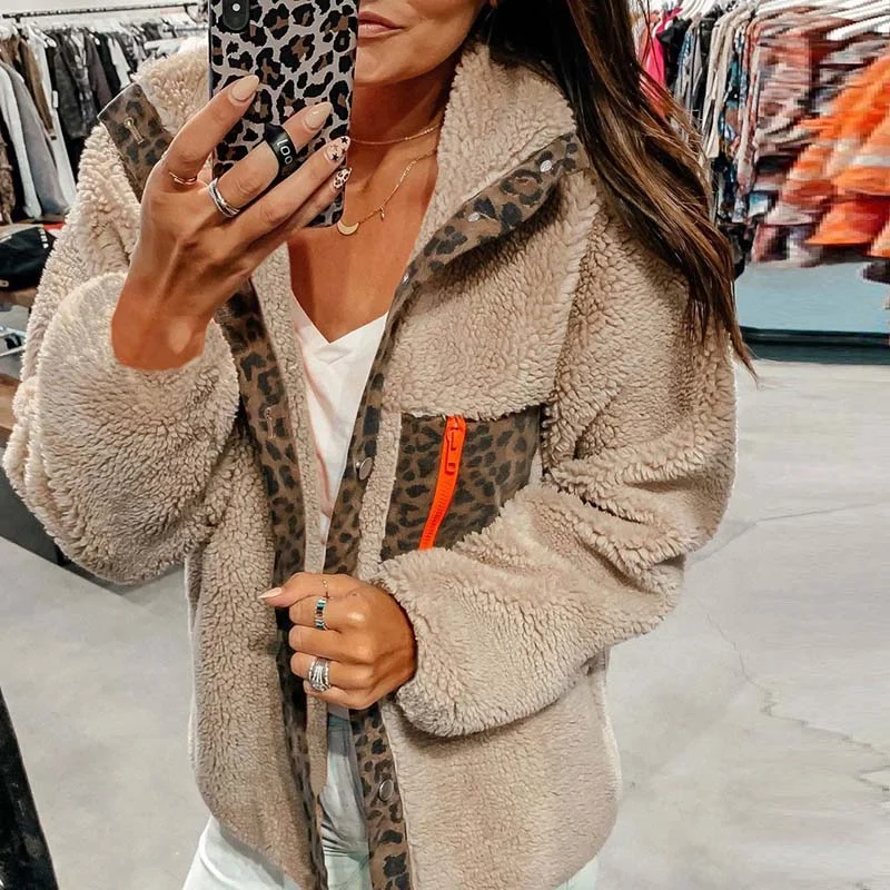 Fashionable Leopard Zipper Plush Women Jacket