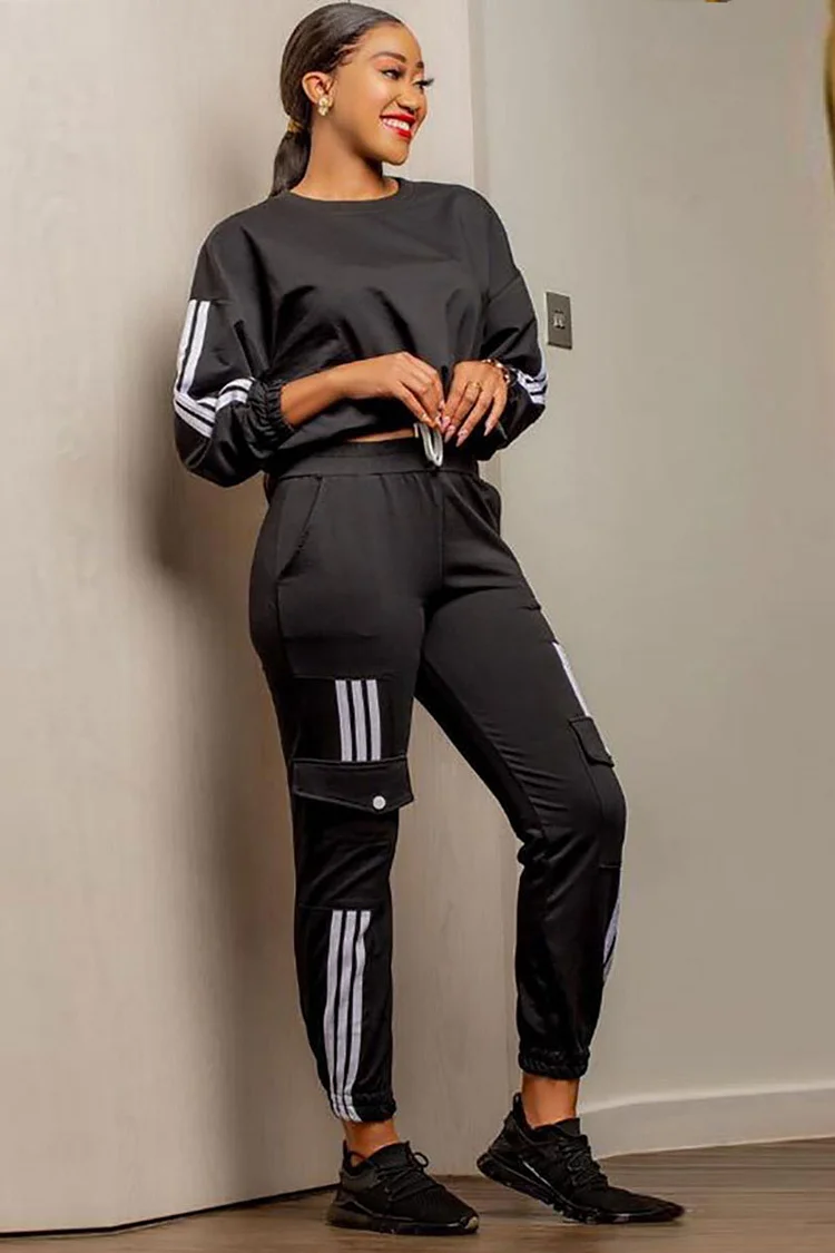 Round Neck Long Sleeve Top Pocket Jogger Pants Matching Set
