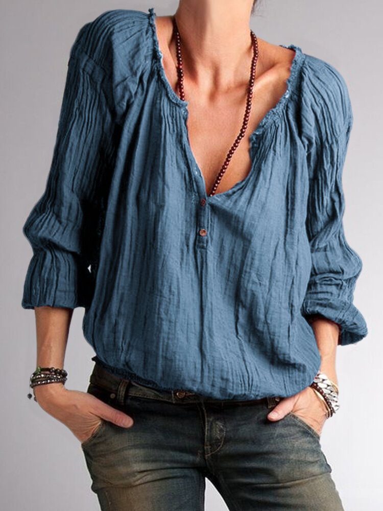 Solid Color Ruffled Button Long Sleeve Blouse For Women P1708327