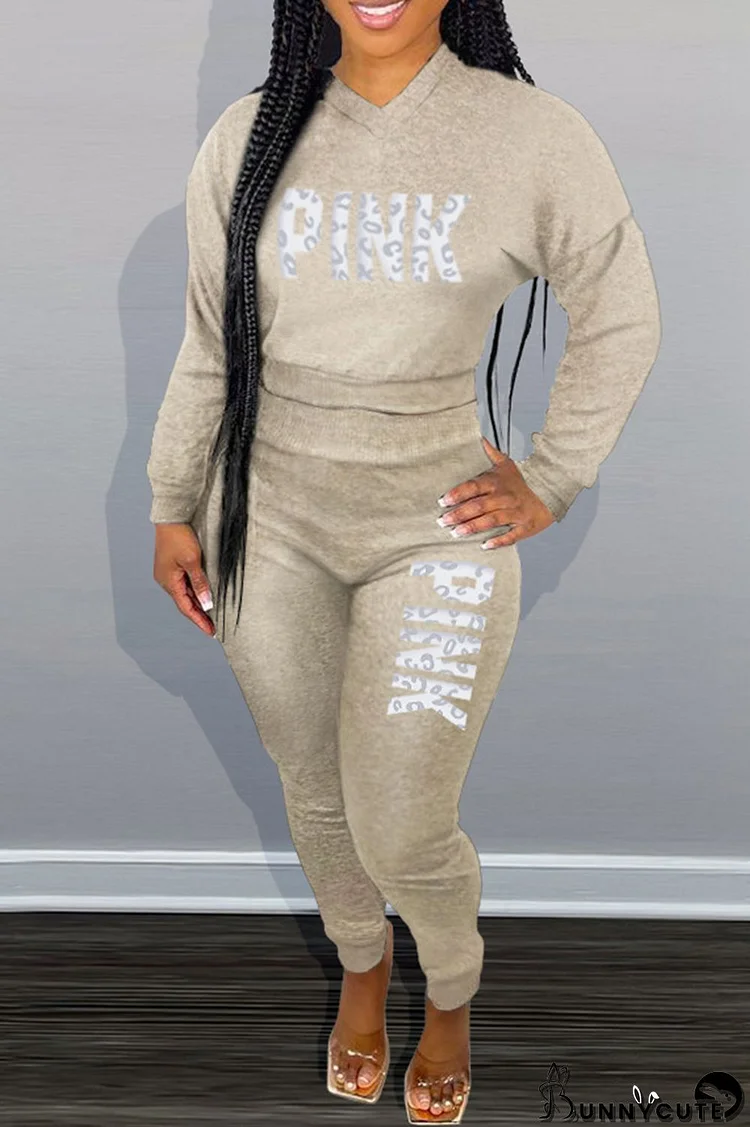 Grey Fashion Casual Letter Print Basic Hooded Collar Long Sleeve Two Pieces