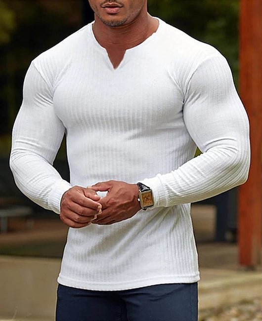 Notched Neck Ribbed Casual Shirt
