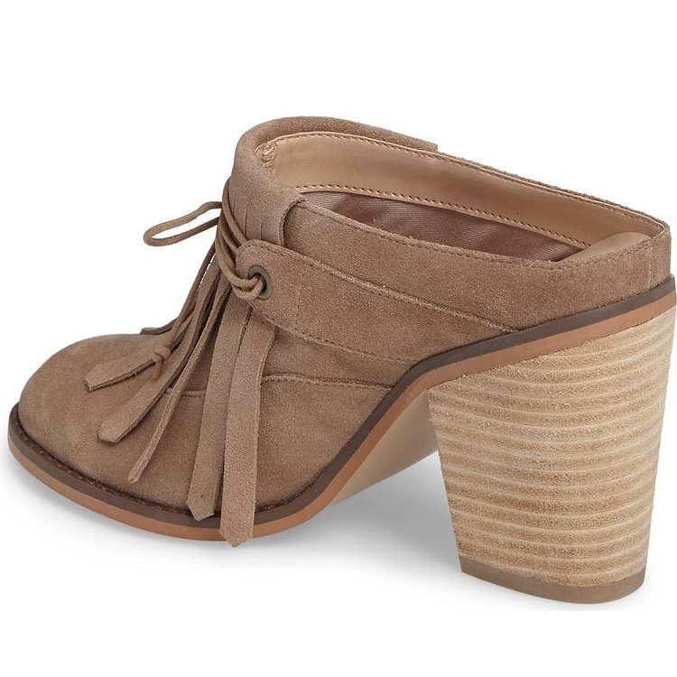 Women's Brown Wood Block Heels Mule Round Toe Lace up Fringe Pumps |FSJ Shoes