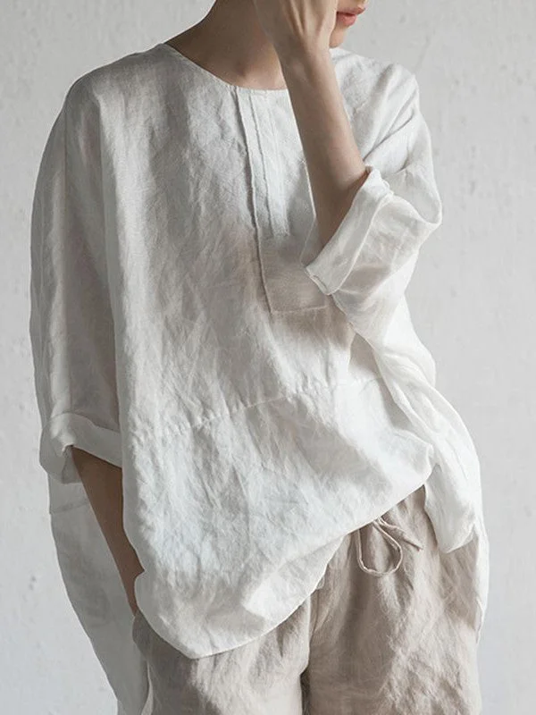 Round neck cotton and linen back fork five-point sleeve casual pullover T-shirt socialshop