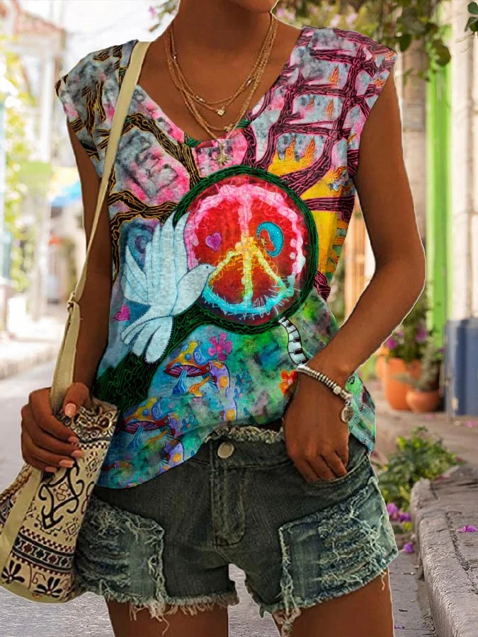 Hippie Peace Tree Peace Dove Print Vest