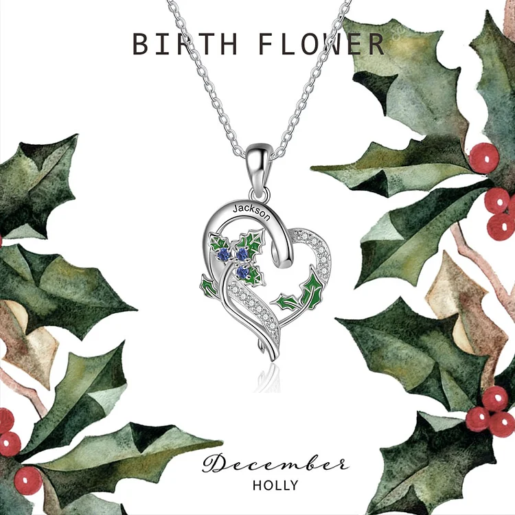 December Birth Month Flower Necklace Holly Necklace with 3 Birthstones