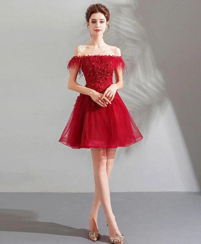 Unique Burgundy Tulle Short Prom Dress, Burgundy Homecoming Dress