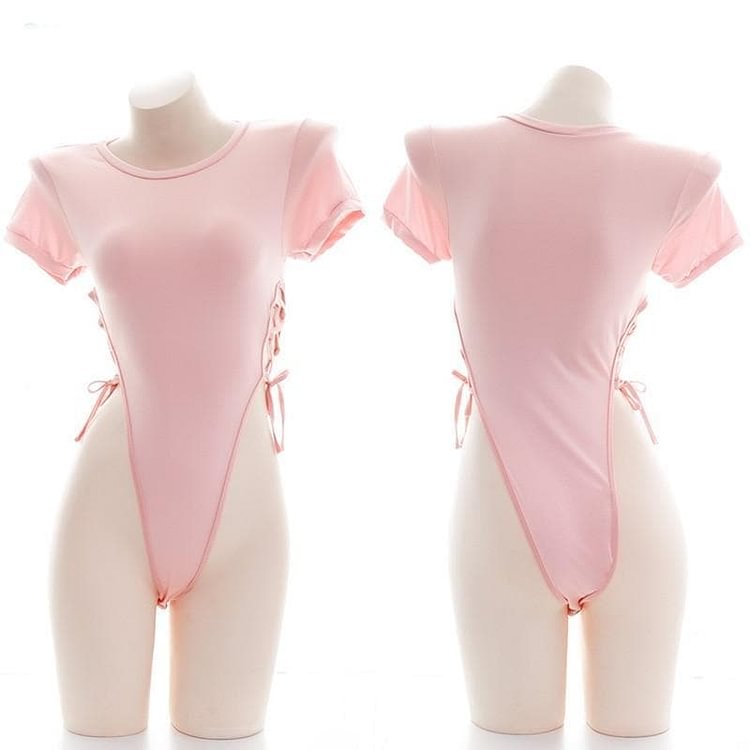 Pink Girl High split Side Bandge Short Sleeve Bodysuit Swimsuit SP126