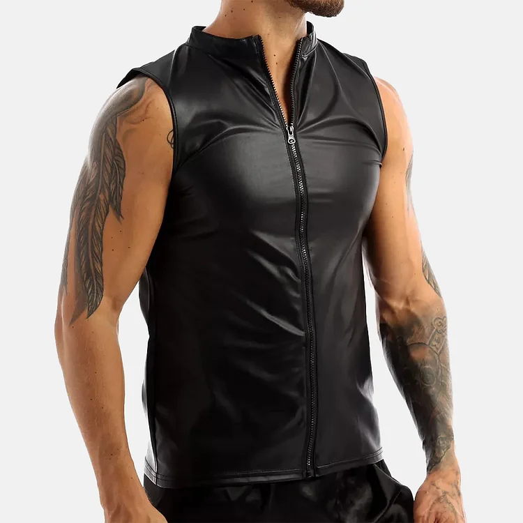 Men's Stand Collar PU Leather Sleeveless Zipper Tank Tops