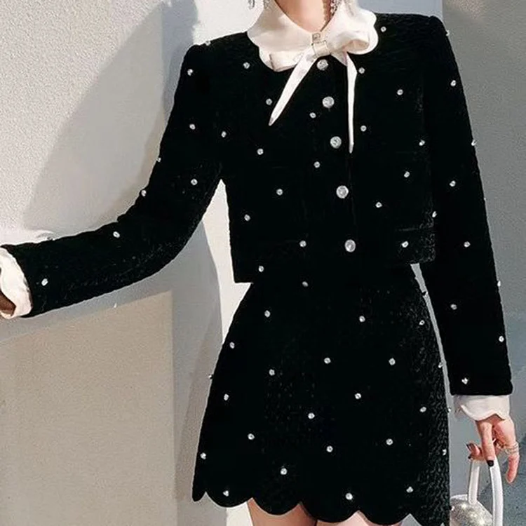 Women's Elegant Rhinestone Bow Decor Long Sleeve Coat & Mini Skirt 2 Pcs Set