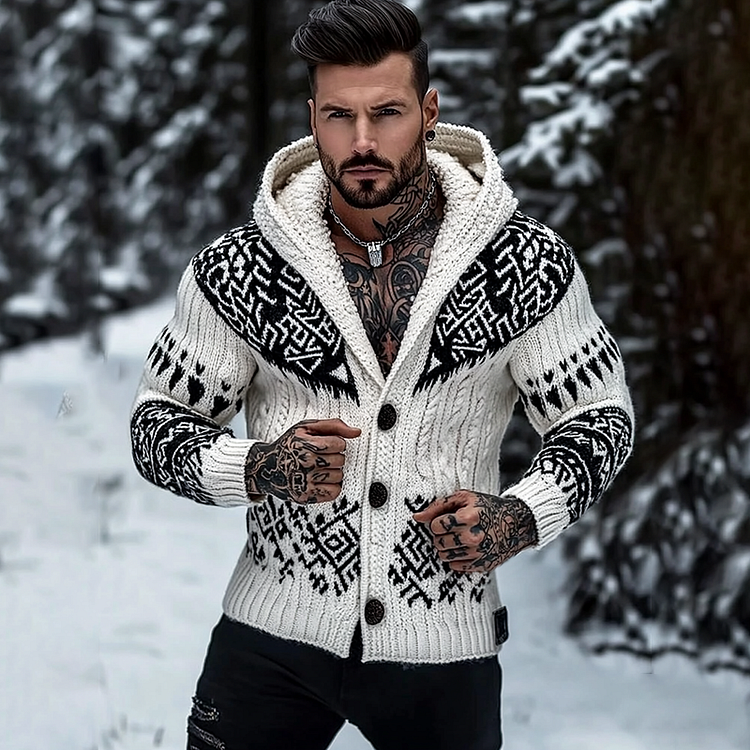 Men's Viking Pattern Jacquard Celtic Button Down Cozy Sweater