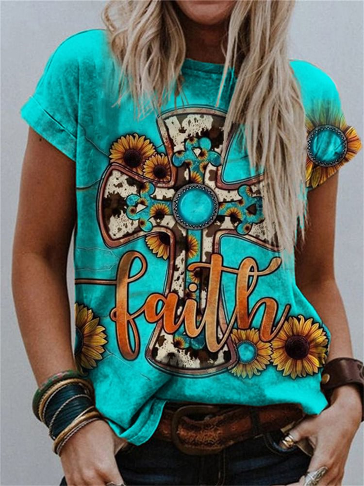 VChics Western Inspired Cross Faith Graphic T Shirt