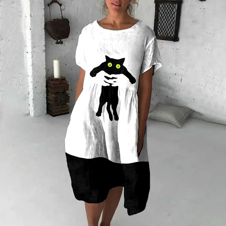 Vefave Colorblock Cat Print Short Sleeve Midi Dress