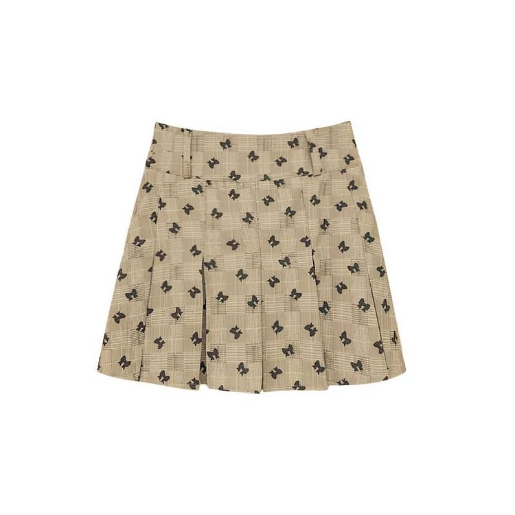 Khaki/Gray Vintage Butterfly Print High Waist Pleated Skirt SS1220