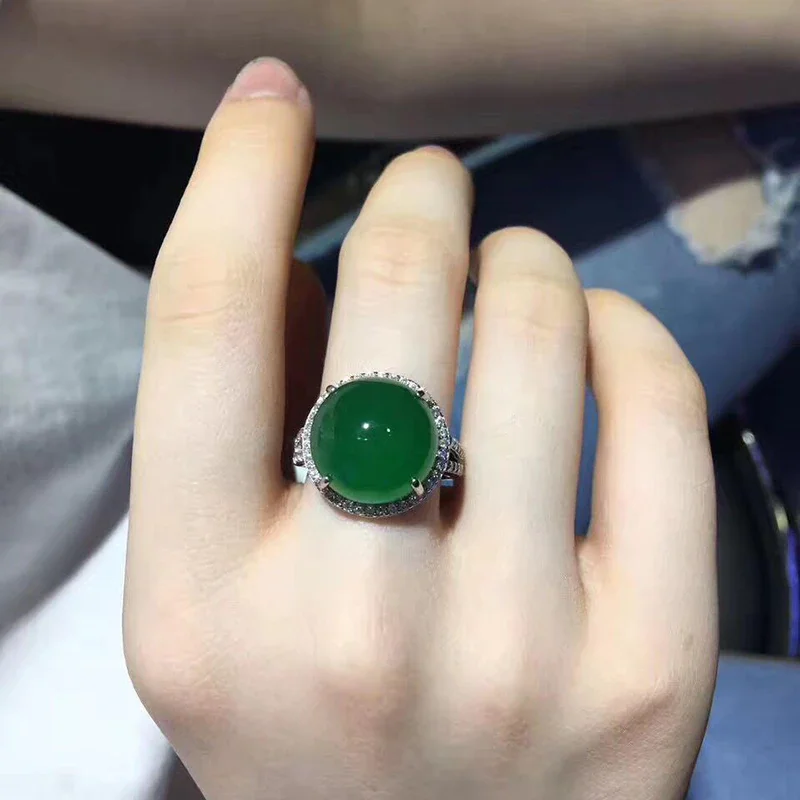 Elegant Natural Green Jade Ring with Adjustable S925 Sterling Silver Band, Fashionable Women's Accessory with White Gold Plating