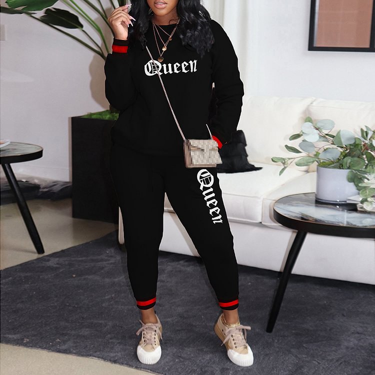 Vefave Queen Alphabet Print Crew Neck Tracksuit Two Piece Set