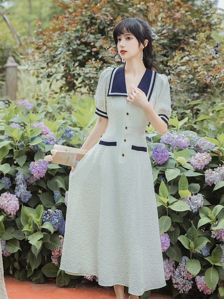 Short-Sleeve Collared A-Line Dress YP4312