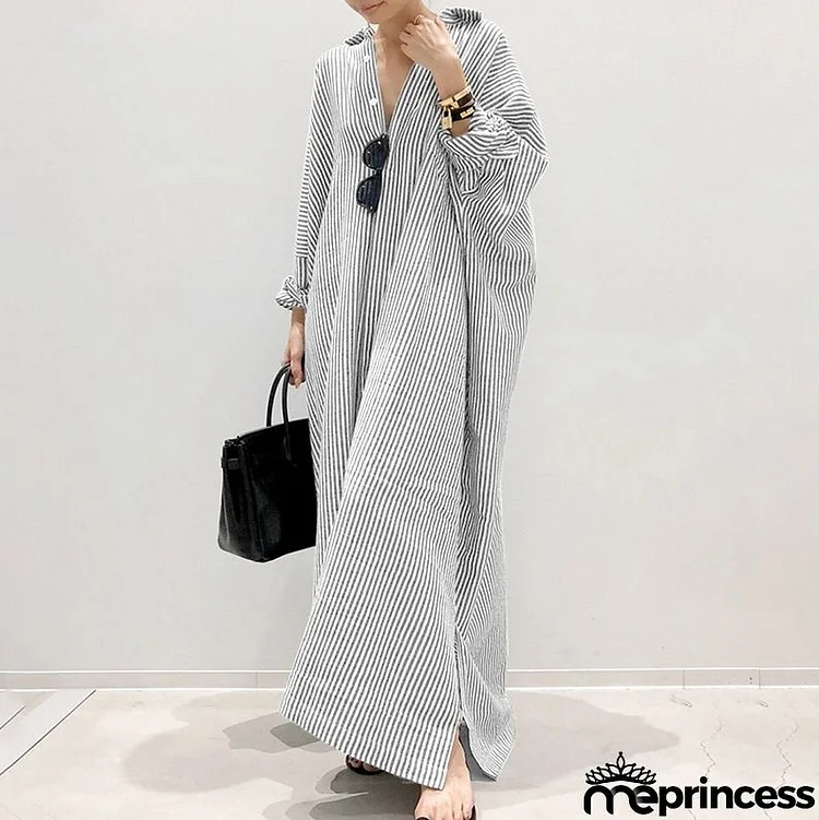 Women's Fashion Loose Stripe Print Large Size Maxi Dress