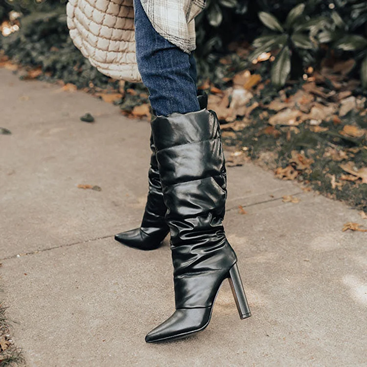 Black Pointed Toe Block Heel Below-the-knee Winter Boots for Women |FSJ Shoes