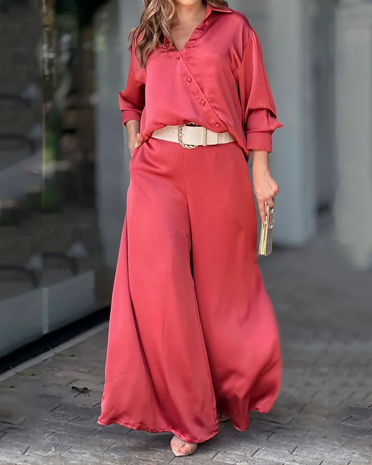Casual Solid Color Shirt & Pants Two-Piece Set