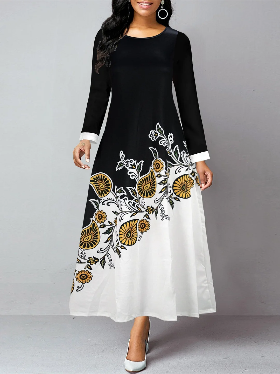 Women's Floral Printed Graphic Stitching Scoop Neck Long Sleeve Dress