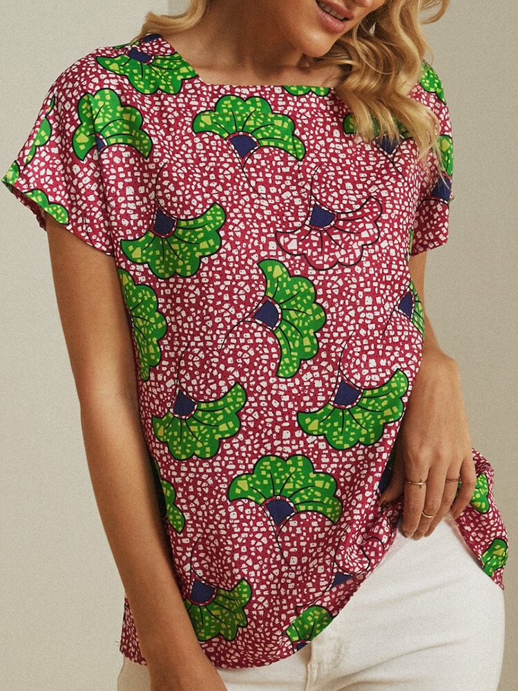 Vintage Printed Short Sleeve Square Collar Blouse For Women P1724421
