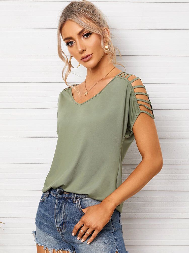 Solid Cut Out V-neck Short Sleeve Casual T-shirt