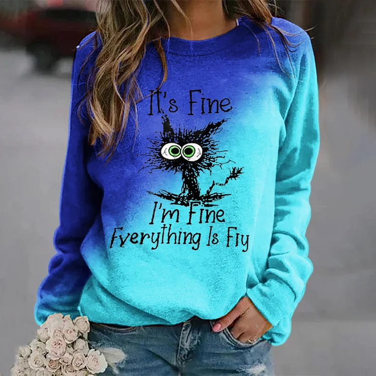 Vefave Fun Black Cat Print Gradient Sweatshirt