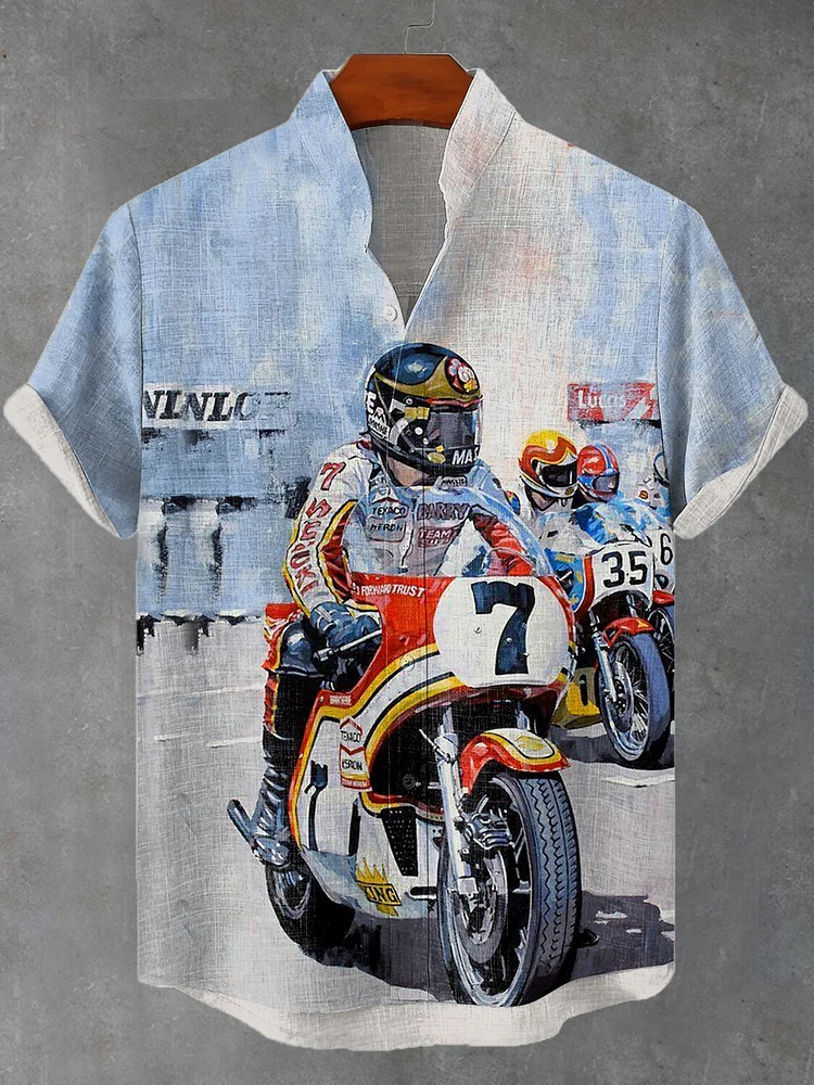 Men's Vintage Motorcycle Race Oil Painting Casual Shirt