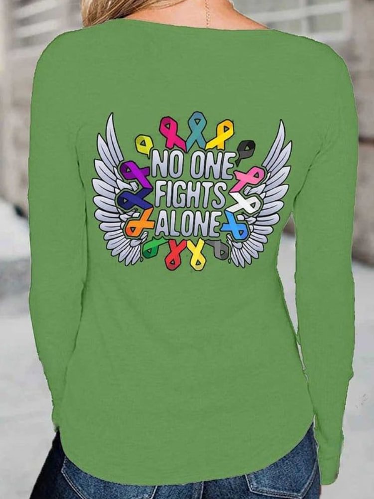 No One Fights Alone Ribbon Wings Print T Shirt