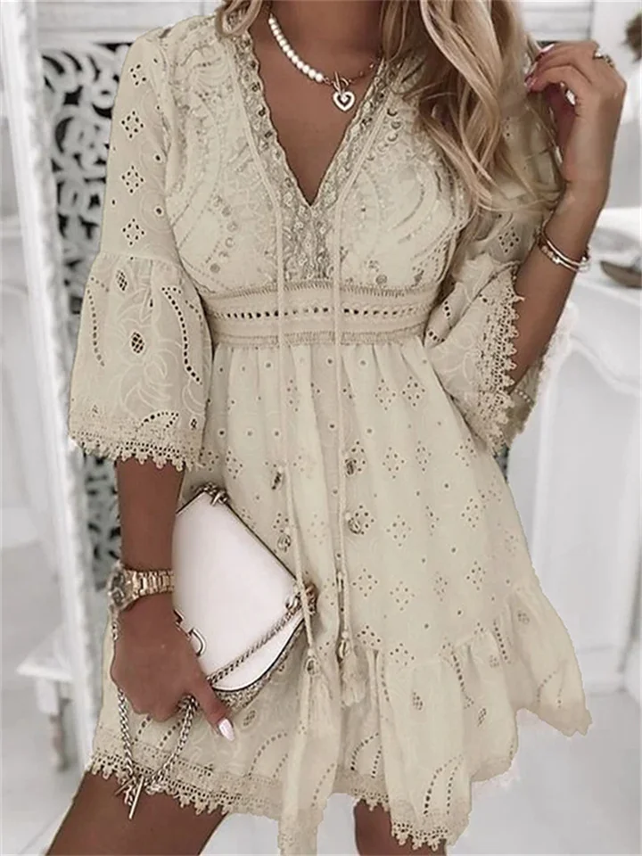 Women's Party Dress Lace Short Mini Dress White 3/4 Length Sleeve Embroidery Hollow Out Ruched Fall Winter V Neck Stylish Modern 2022 S M L XL 2XL 3XL-JRSEE