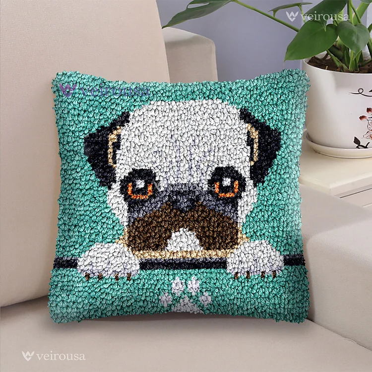 Pug Puppy Latch Hook Pillow Kit for Adult, Beginner and Kid veirousa