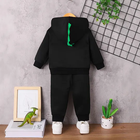 【6M-3Y】Boys' Hooded Dinosaur Appliqué Top And Pants Set