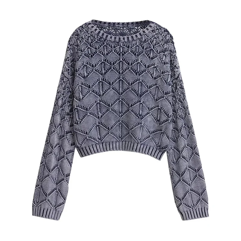 Tlbang Vintage Women Round Neck Long Sleeve Washed Effect Knit Sweater Autumn Ladies Crop Pullover