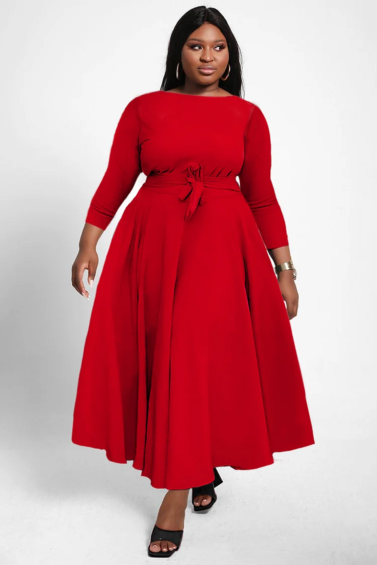 Plus Size Red Casual Round Neck With Pocket Wrap Maxi Dress