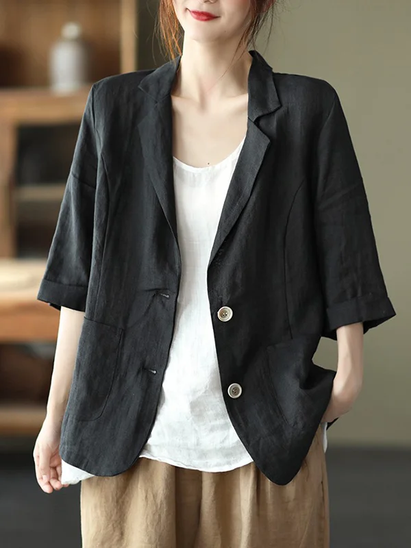 Urban Minimalist Pure Color Notched Collar Half Sleeves Blazer