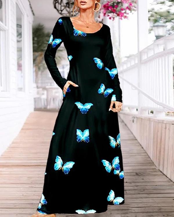Casual Dresses Black & Aqua Blue Butterfly Pocket Long Sleeve Maxi Dress - Chicaggo
