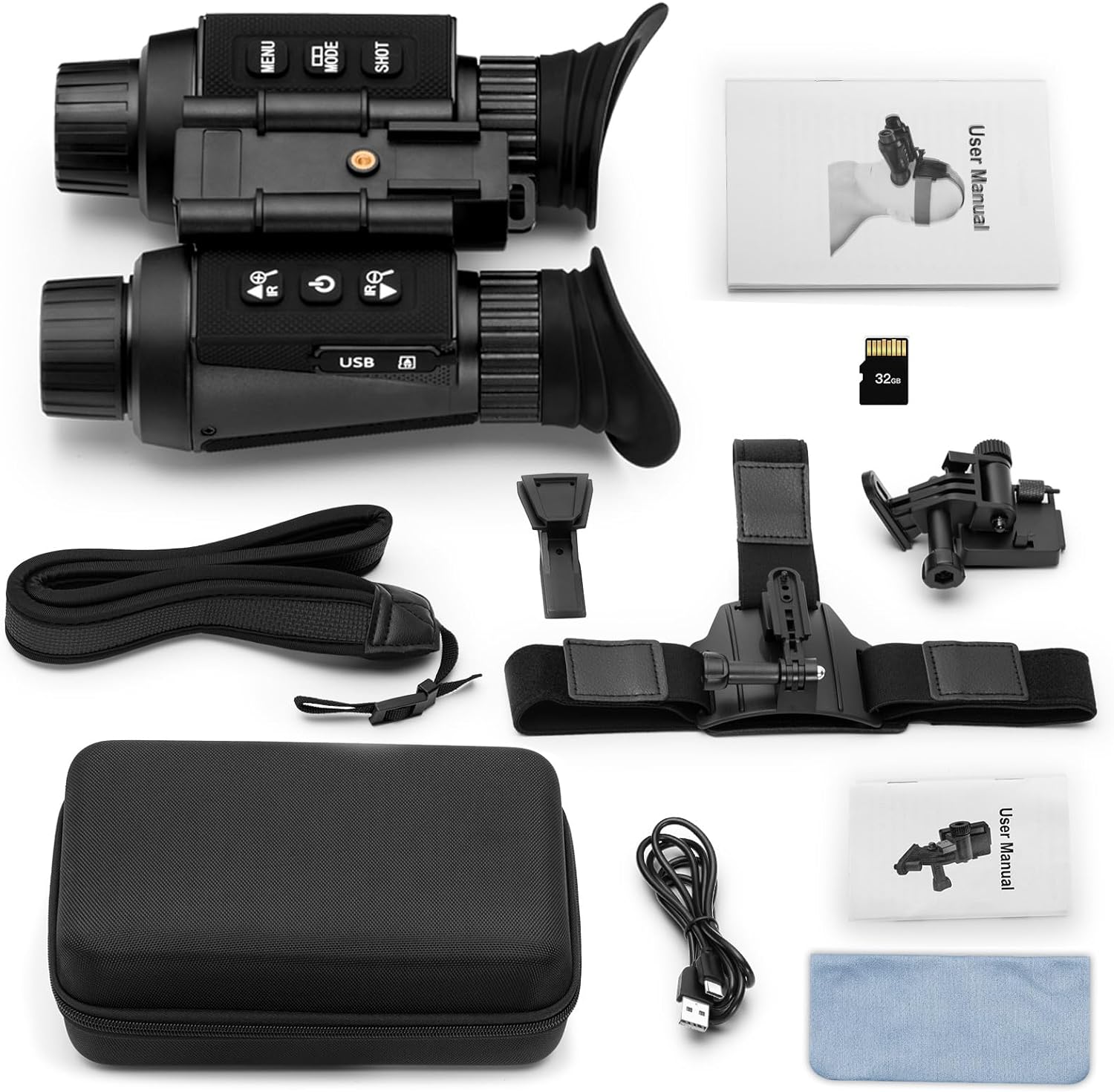 BekinTek Dual Eye 3D View Helmet Mounted Night Vision Binoculars Head Mountable Goggles Rechargeable Optics Telescope IR Full Dark Observing Adjustable Pupil Distance 7x Infrared 8x Digital Zoom 4K Video 36M Photo Independent Diopter Adjust 4 Color Effect 22