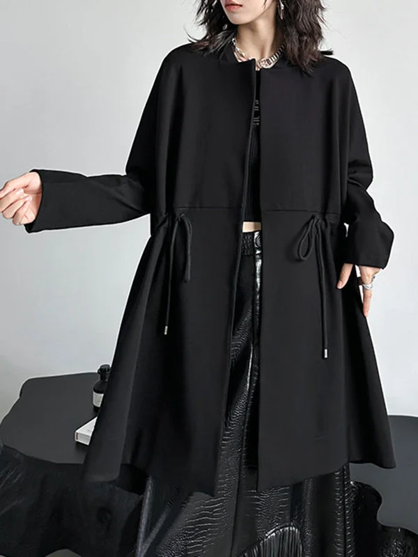 Casual Loose Black Square-Neck  Drawstring Long Sleeve Trench Coat