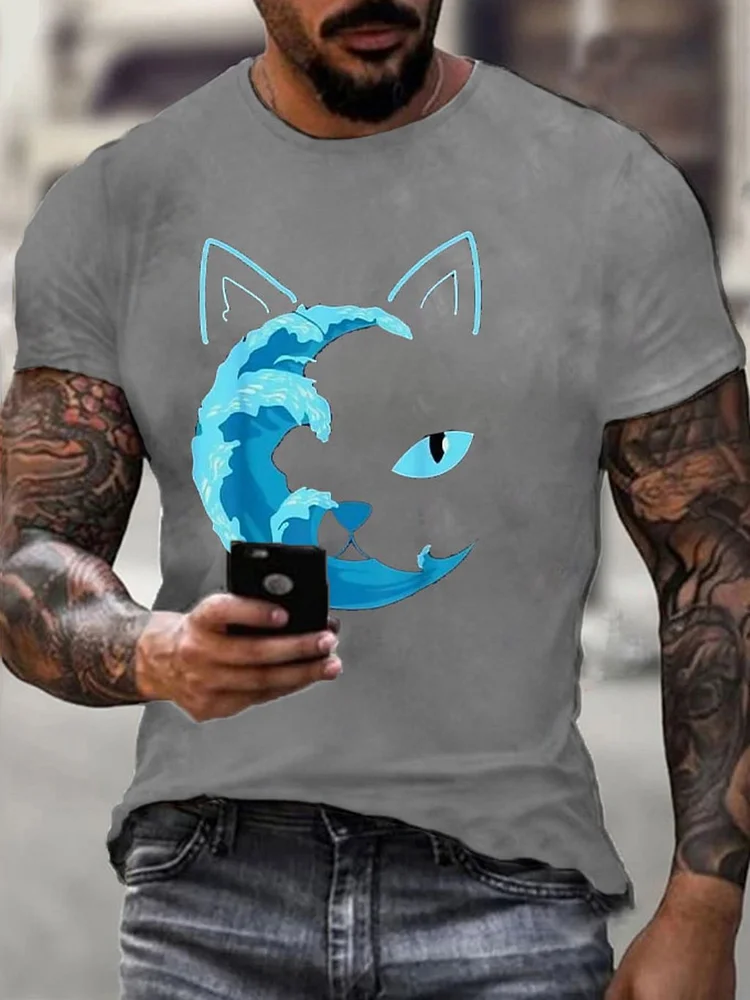 Men's Blue Wave&Cat Printed T-Shirt socialshop