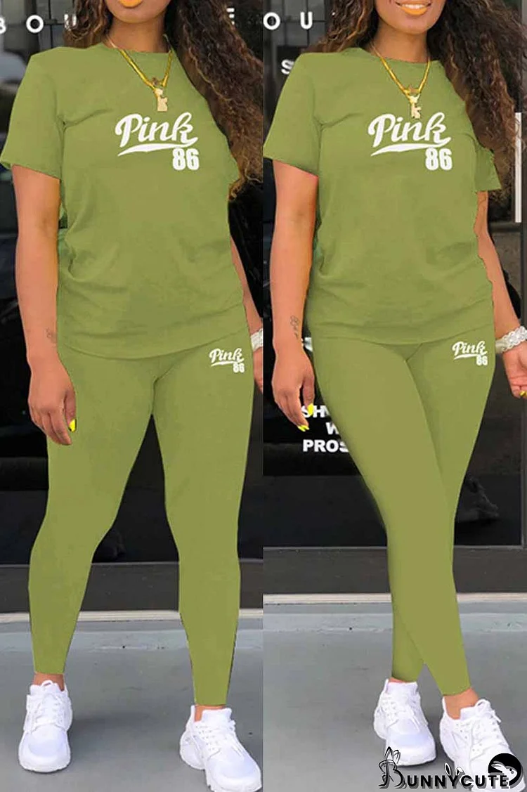 Green Casual Print Letter O Neck Short Sleeve Two Pieces