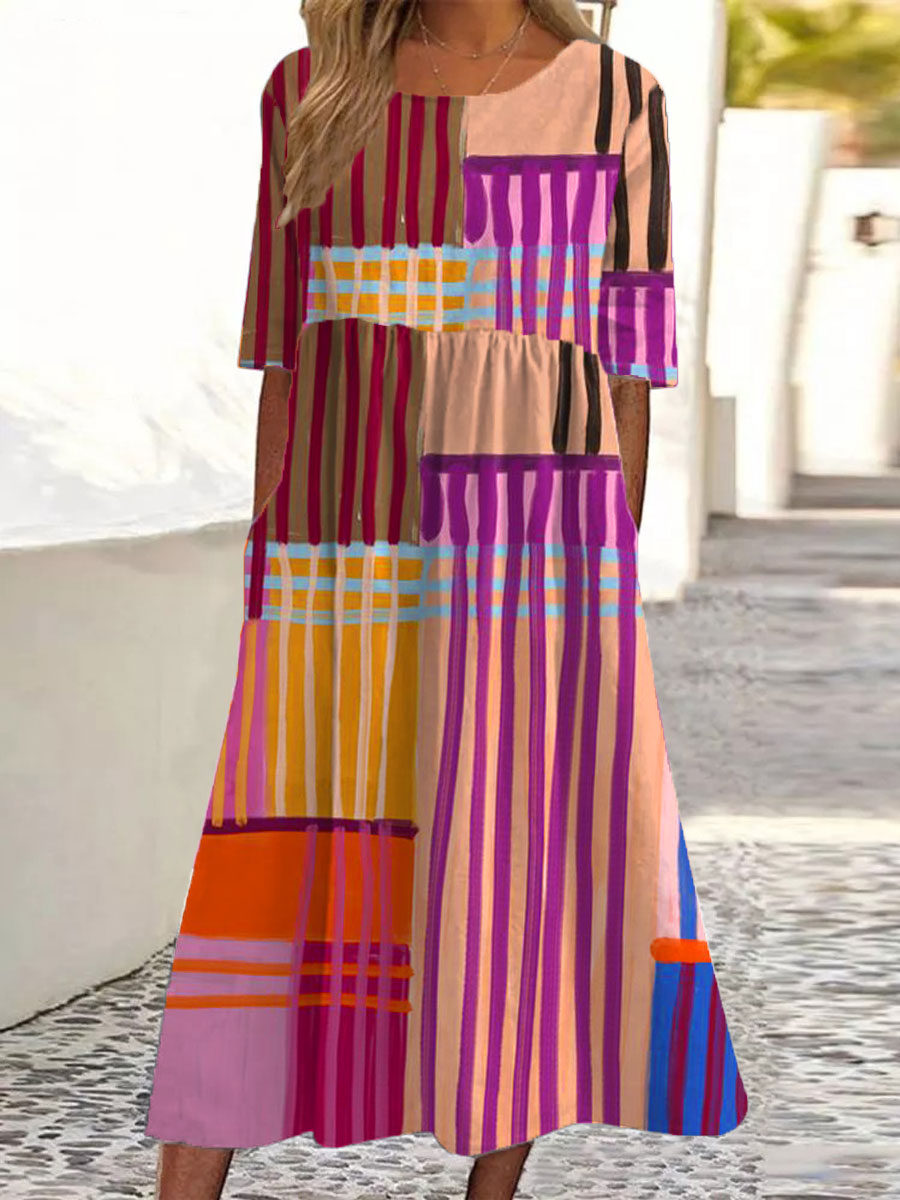 Women's Vintage Abstract Geometric Art Print Pocket Cotton Dress