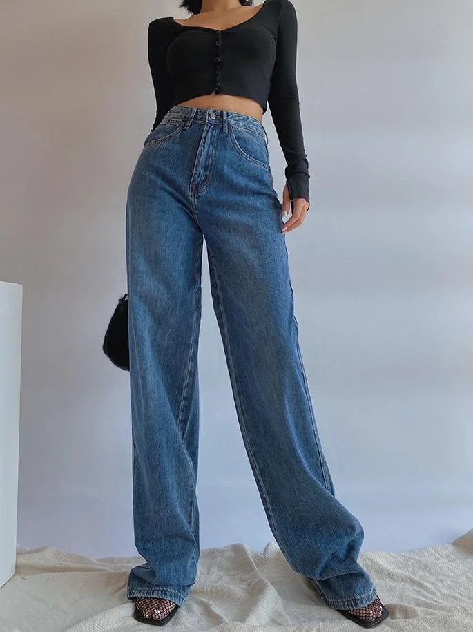 BACK TO COLLEGE WOMENGAGA High Waist Wide-leg Pants Autumn Jeans Women's  New Slimming All-match Straight Loose Vertical Mop Pants SMDT