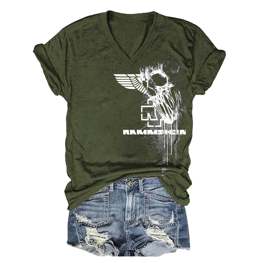 Women's Rammstein Rock Band Skull Print Short Sleeve V-Neck T-Shirt / TECHWEAR CLUB / Techwear