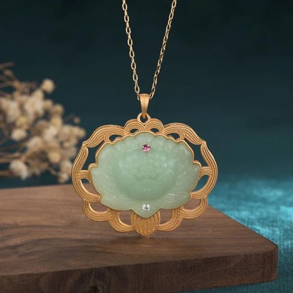 Natural Cyan Jade Lotus Harmony Pendant Necklace