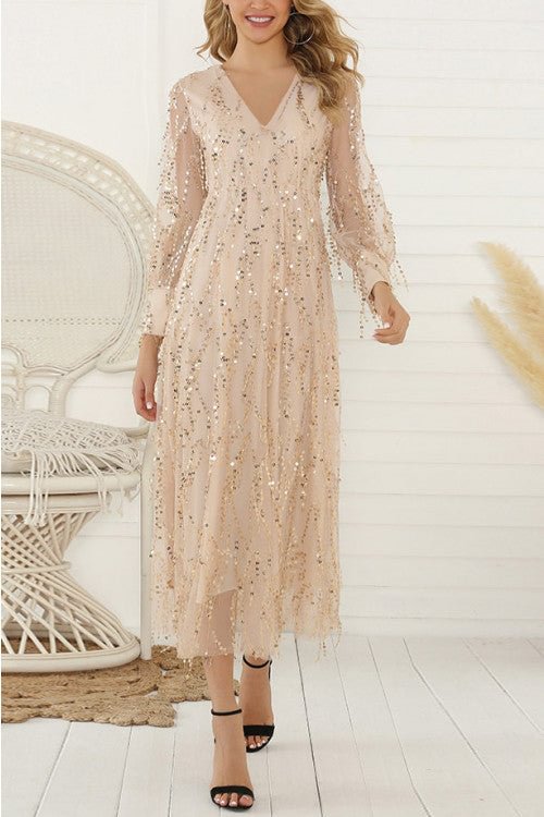 Champagne V-neck Sequins Tulle Dress - BlackFridayBuys