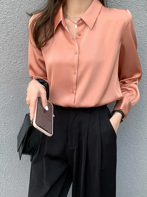 Pink long-sleeved workplace light-cooked acetate satin shirt