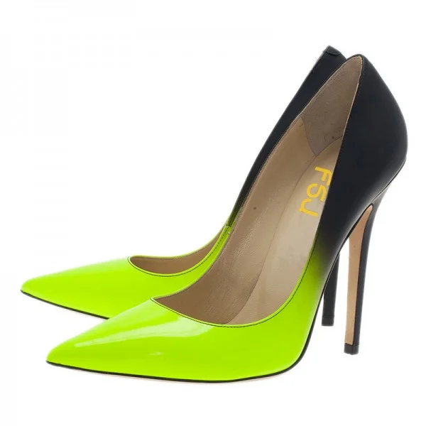 Yellow & Black Patent Leather Pointed Toe Stiletto Heel Pumps Nicepairs